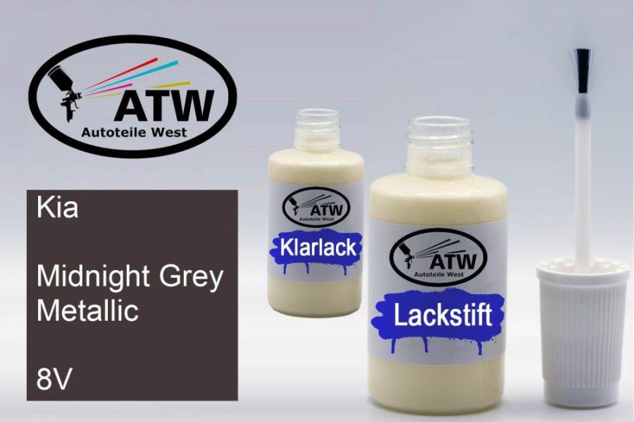 Kia, Midnight Grey Metallic, 8V: 20ml Lackstift + 20ml Klarlack - Set, von ATW Autoteile West.